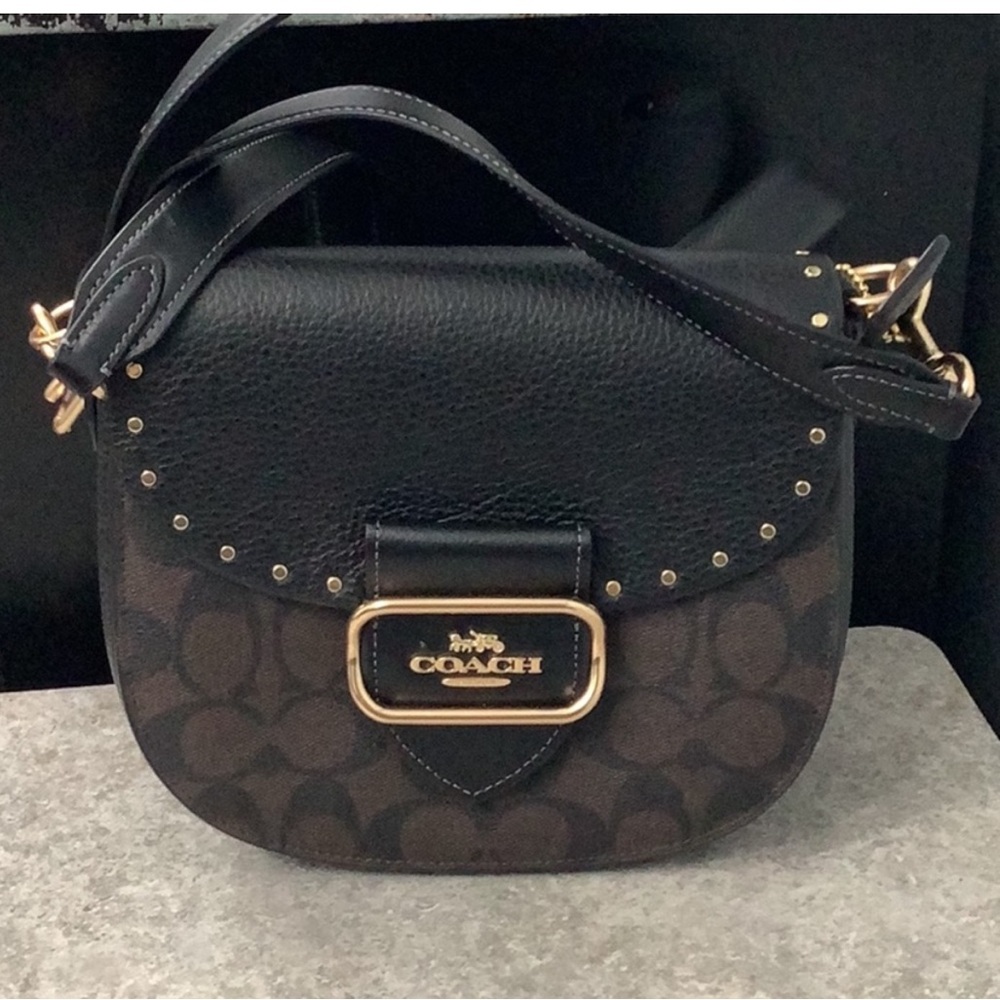 Coach CE567 Morgan Saddle Bag In Colorblock Brown & Black Gold Rivets - NWOT - Picture 5 of 14